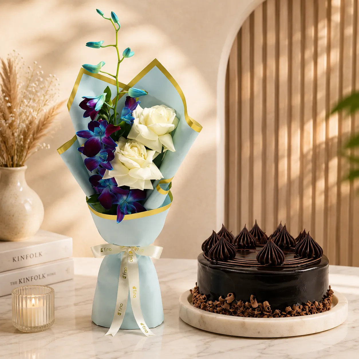 Blue Orchid & White Rose Bouquet with Chocolate Cake