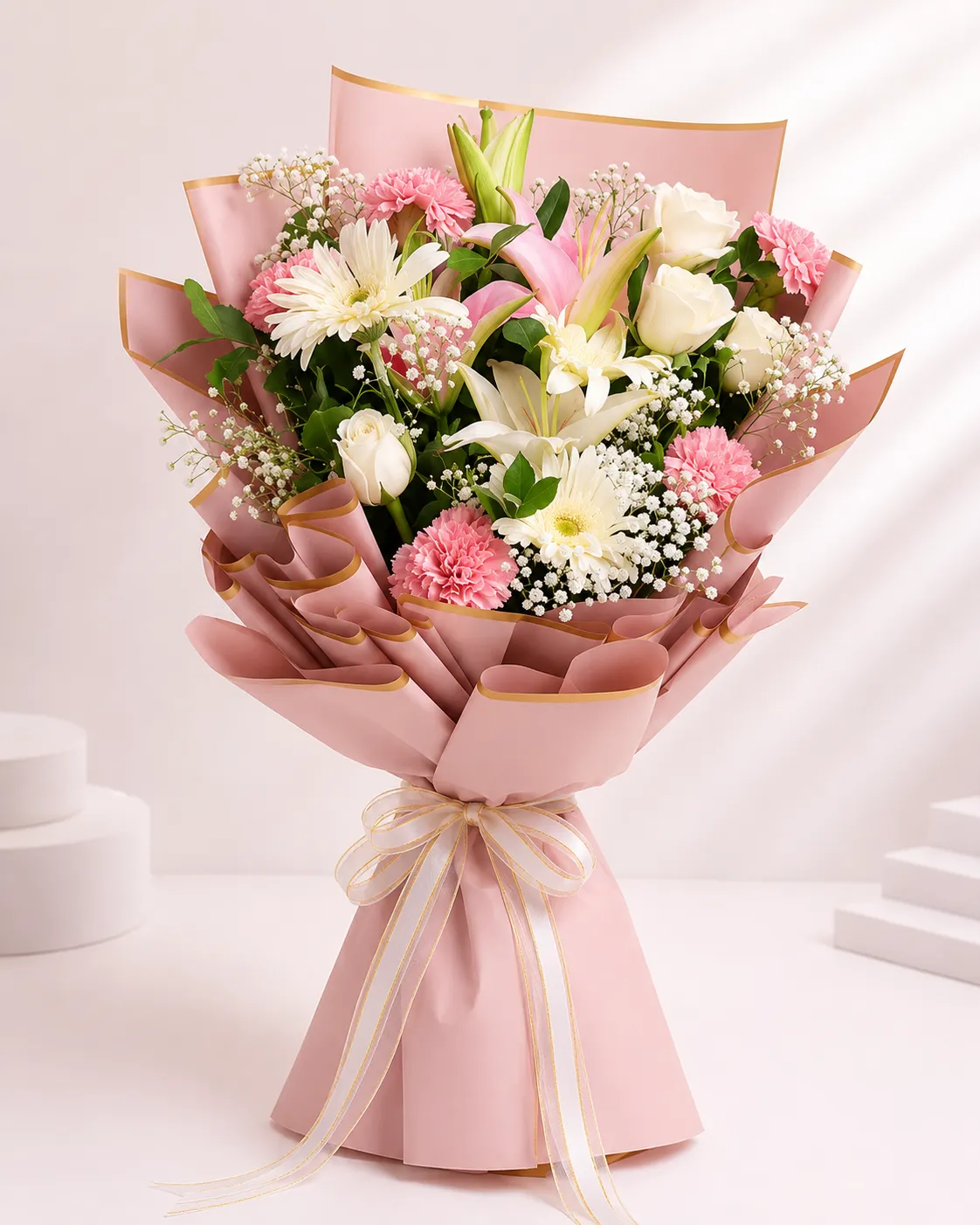 Premium Pink & White Lily Rose Mixed Flower Bouquet