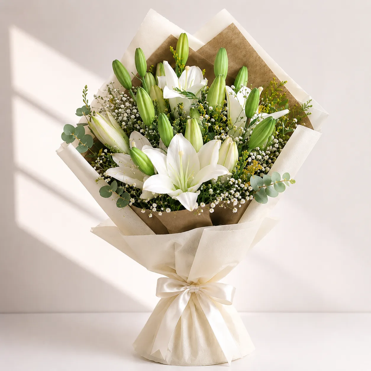 Premium White Lily Bouquet with Baby’s Breath