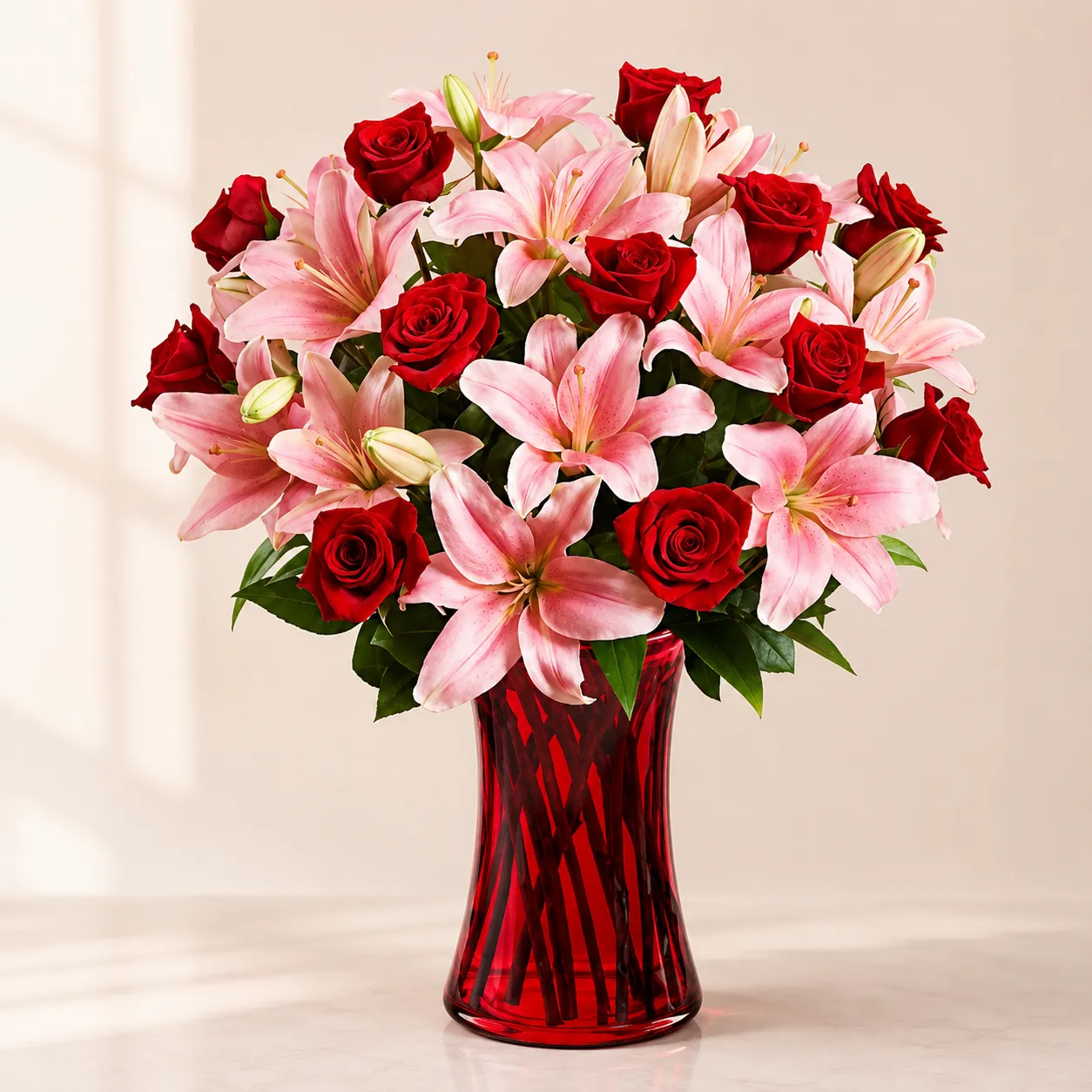 Premium Red Rose & Pink Lily Vase Arrangement