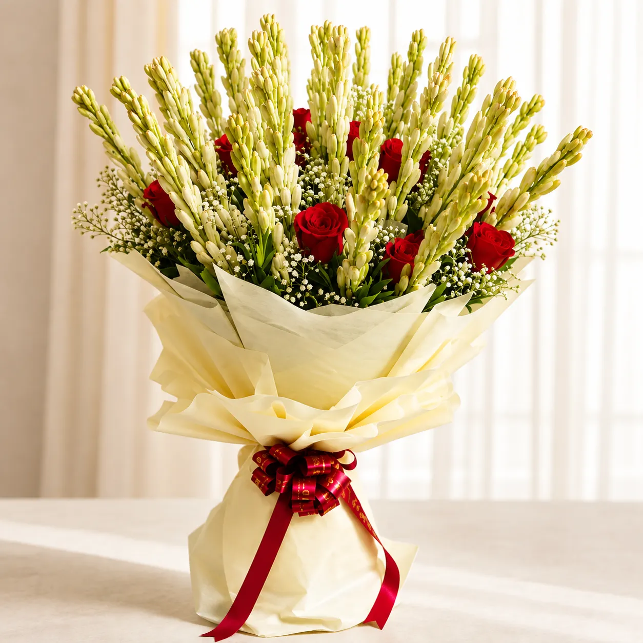 Red Rose & Tuberose (Rajnigandha) Premium Bouquet
