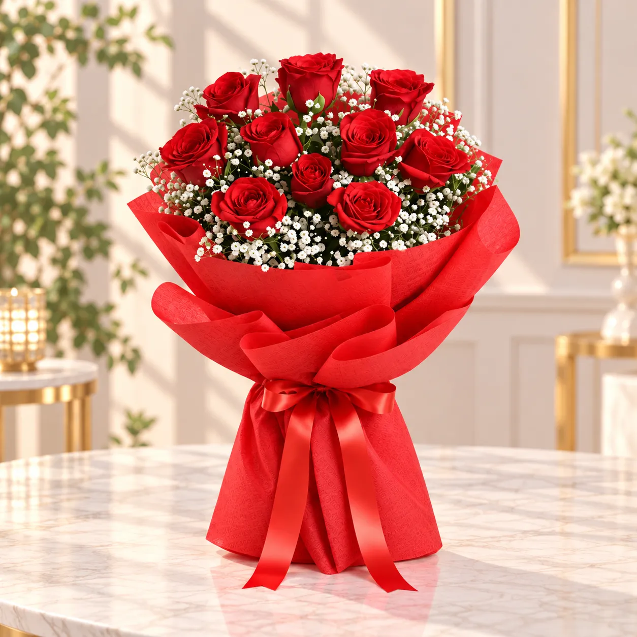 Classic Red Rose & Baby’s Breath Bouquet