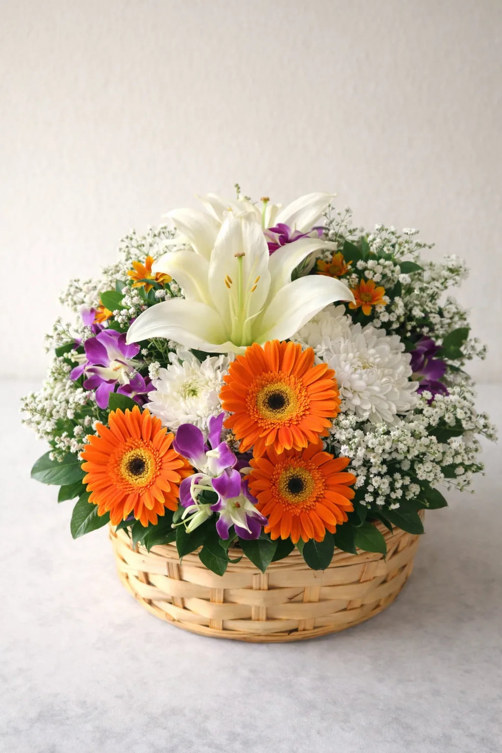 Luxury Lily, Gerbera & Orchid Basket | Premium Flowers Delhi – Krish Florist