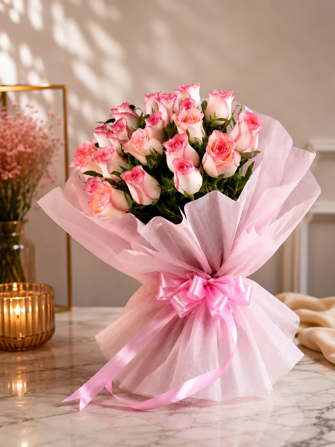 Luxury Pink & White Rose Bouquet – Premium Fresh Flower Arrangement