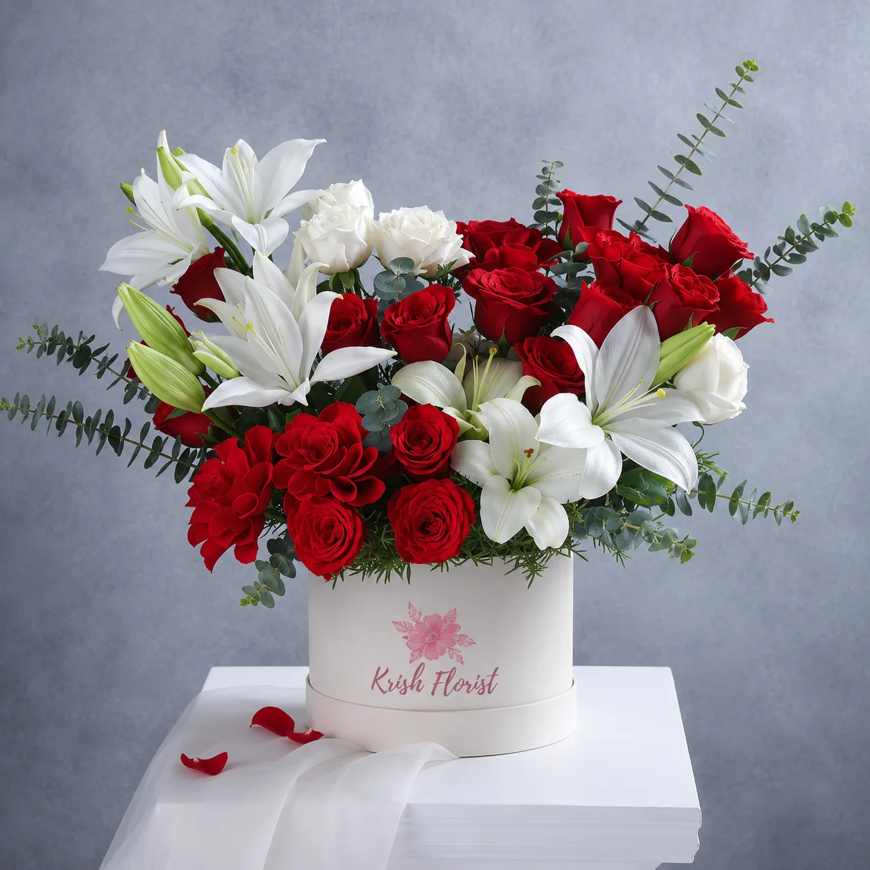 Luxury Red & White Rose & Lily Box Arrangement | Premium Flower Box Delhi