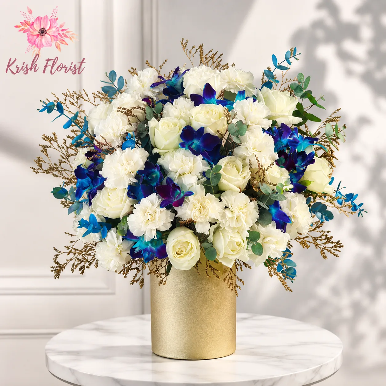 Royal White Roses & Blue Orchid Luxury Flower Box