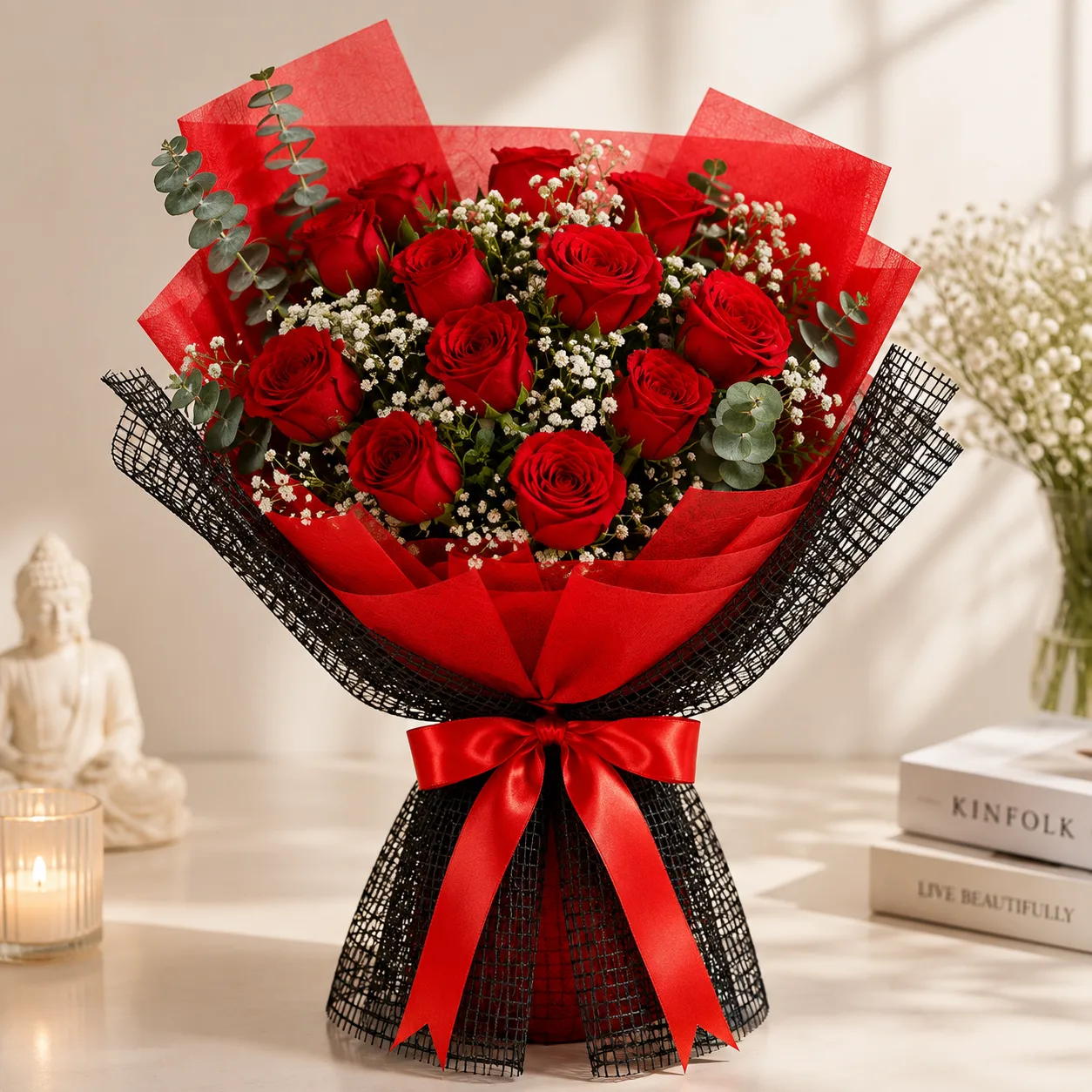 Premium 12 Red Roses Bouquet with Gypsophila