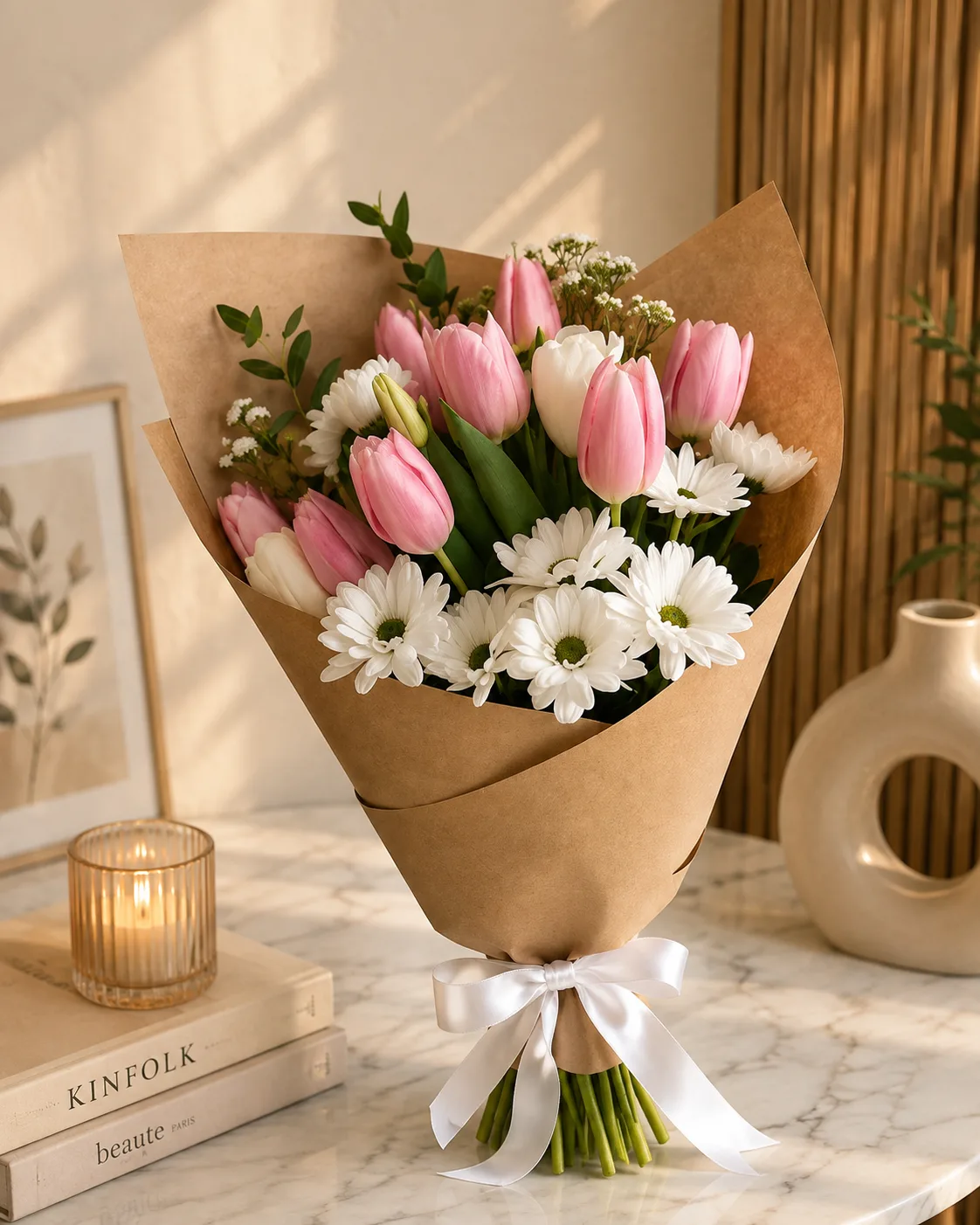 Premium Pink Tulip & White Daisy Bouquet
