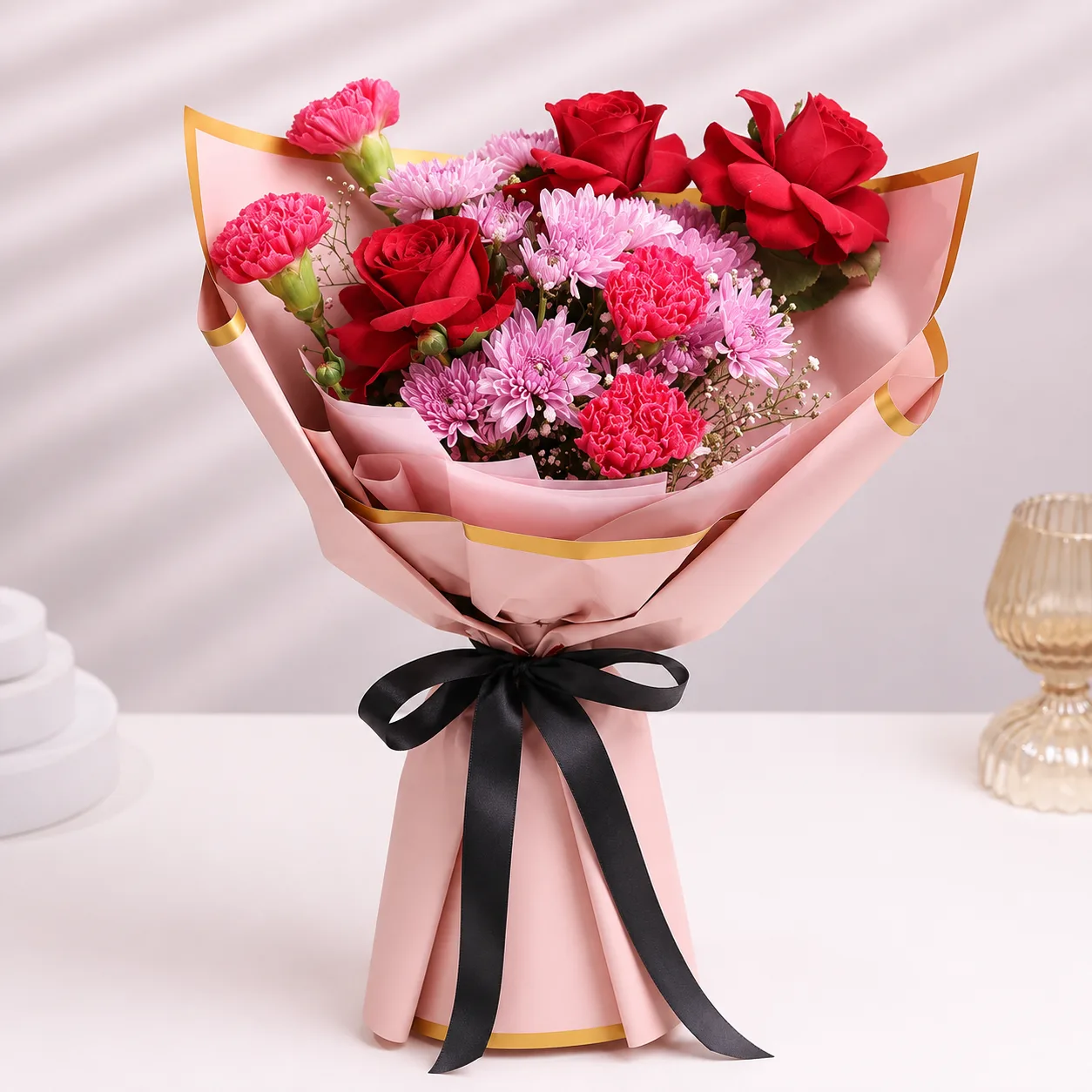 Premium Red Rose & Pink Carnation Mixed Bouquet