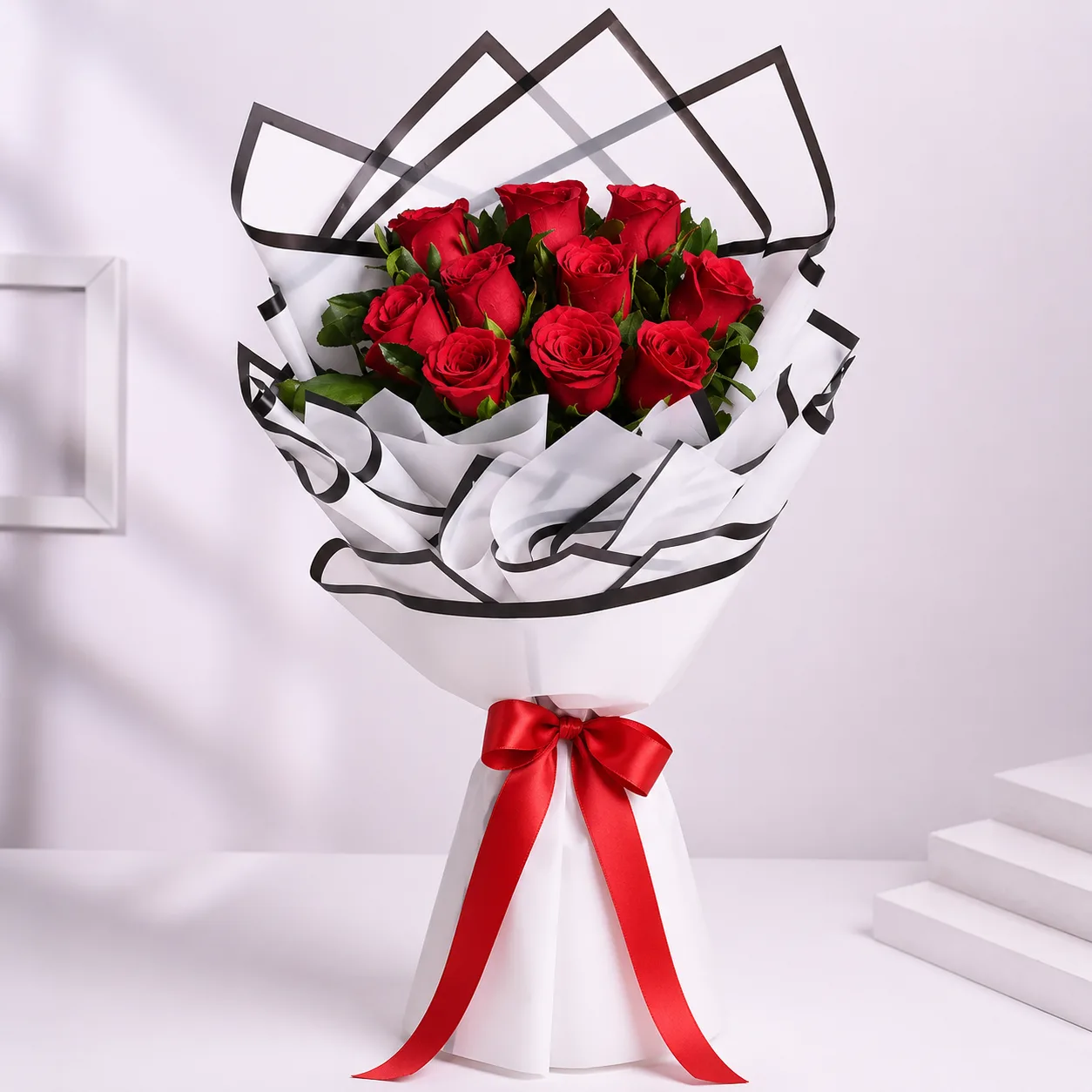 Premium Red Rose Bouquet with Black & White Wrapping