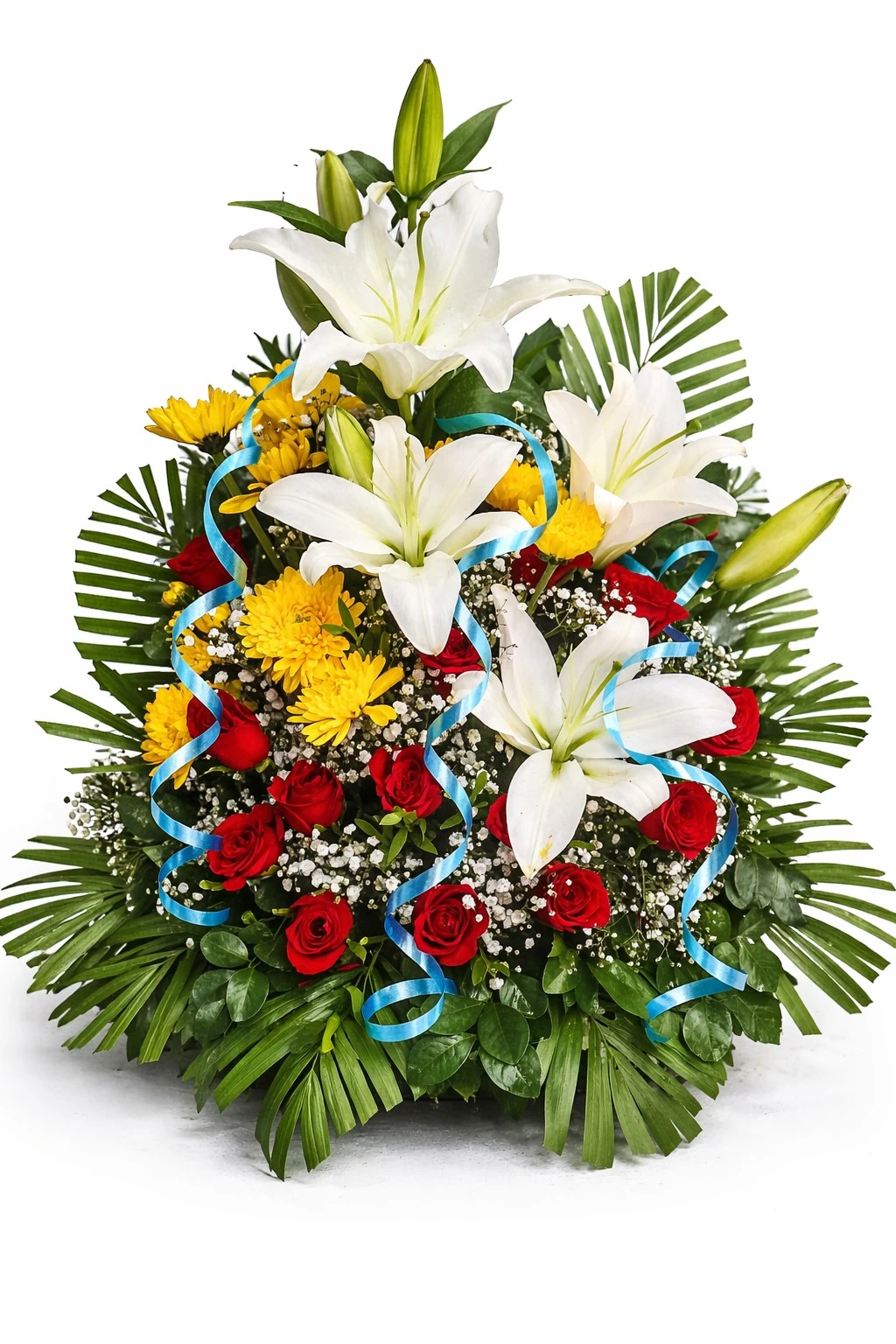 White Lily & Rose Floral Arrangement An exquisite floral arrangement featuring elegant white lilies, vibrant red roses, cheerful yellow blooms, and lush greenery. Designed to create a lasting impression, this arrangement is perfect for celebrations, corporate gifting, grand openings, and heartfelt gestures.